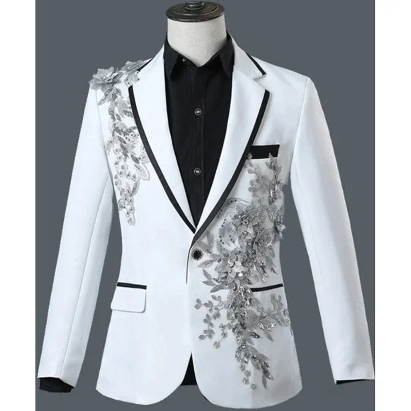 White Suit Set Floral Embellished Occasion Prom Party Costume Tuxedo‎ XLarge NEW - Picture 2 of 11